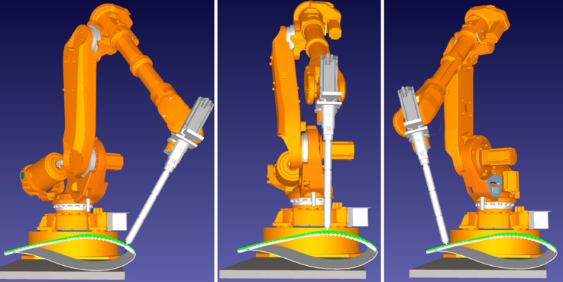 Three graphics showing the orange robot arm.